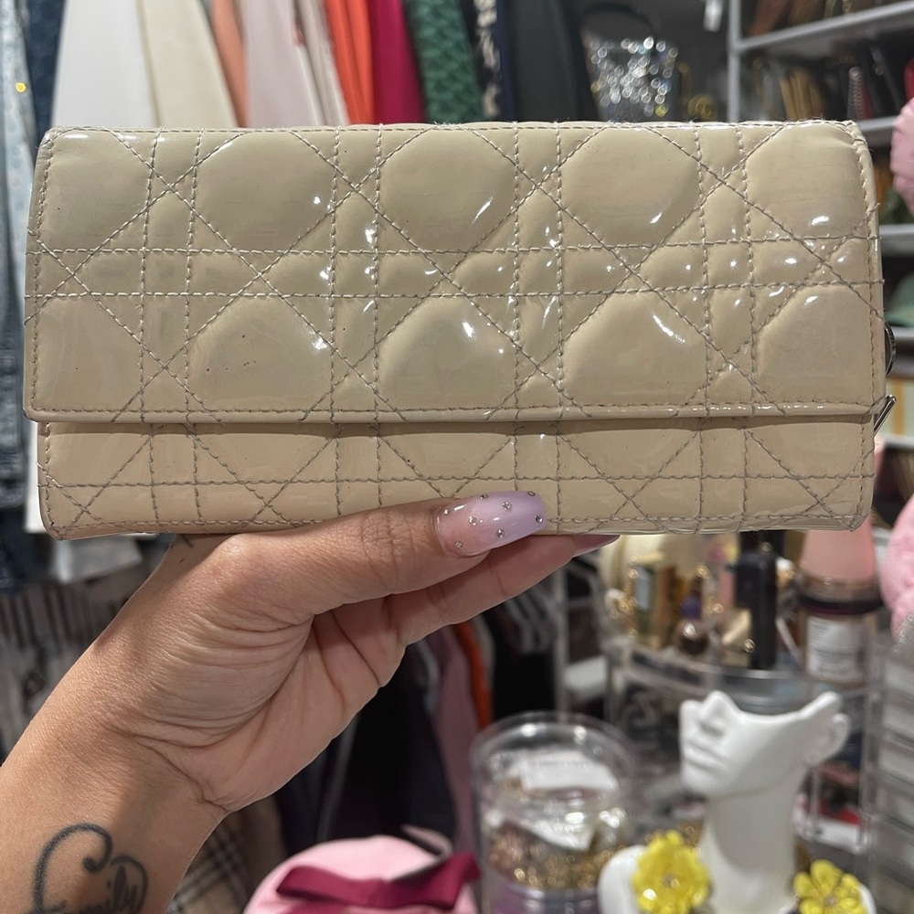 Dior Beige Quilted Patent Leather Clutch Wallet on chain